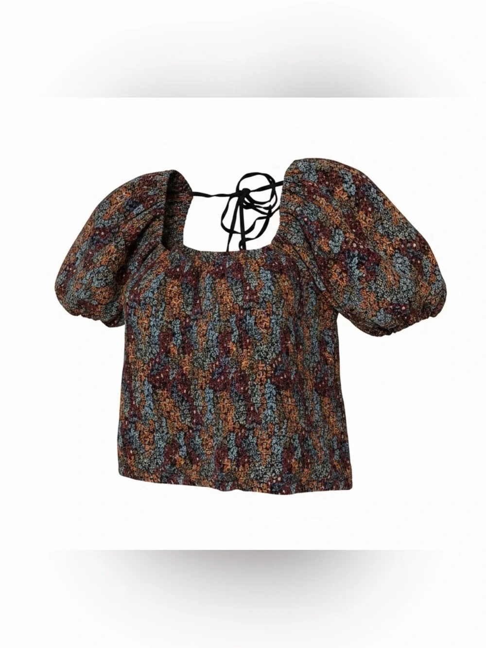 Free People Back On Top Smocked Puff Sleeve Cropped Blouse Black Floral Combo